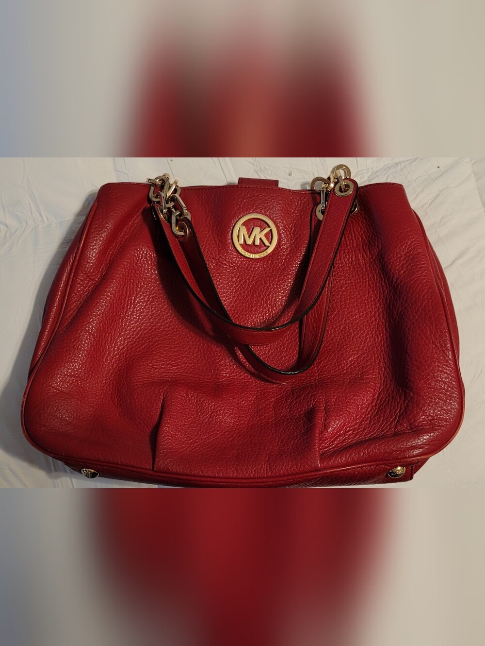 Michael Kors Deep Red Pebbled Leather Shoulder Tote with Gold MK Emblem